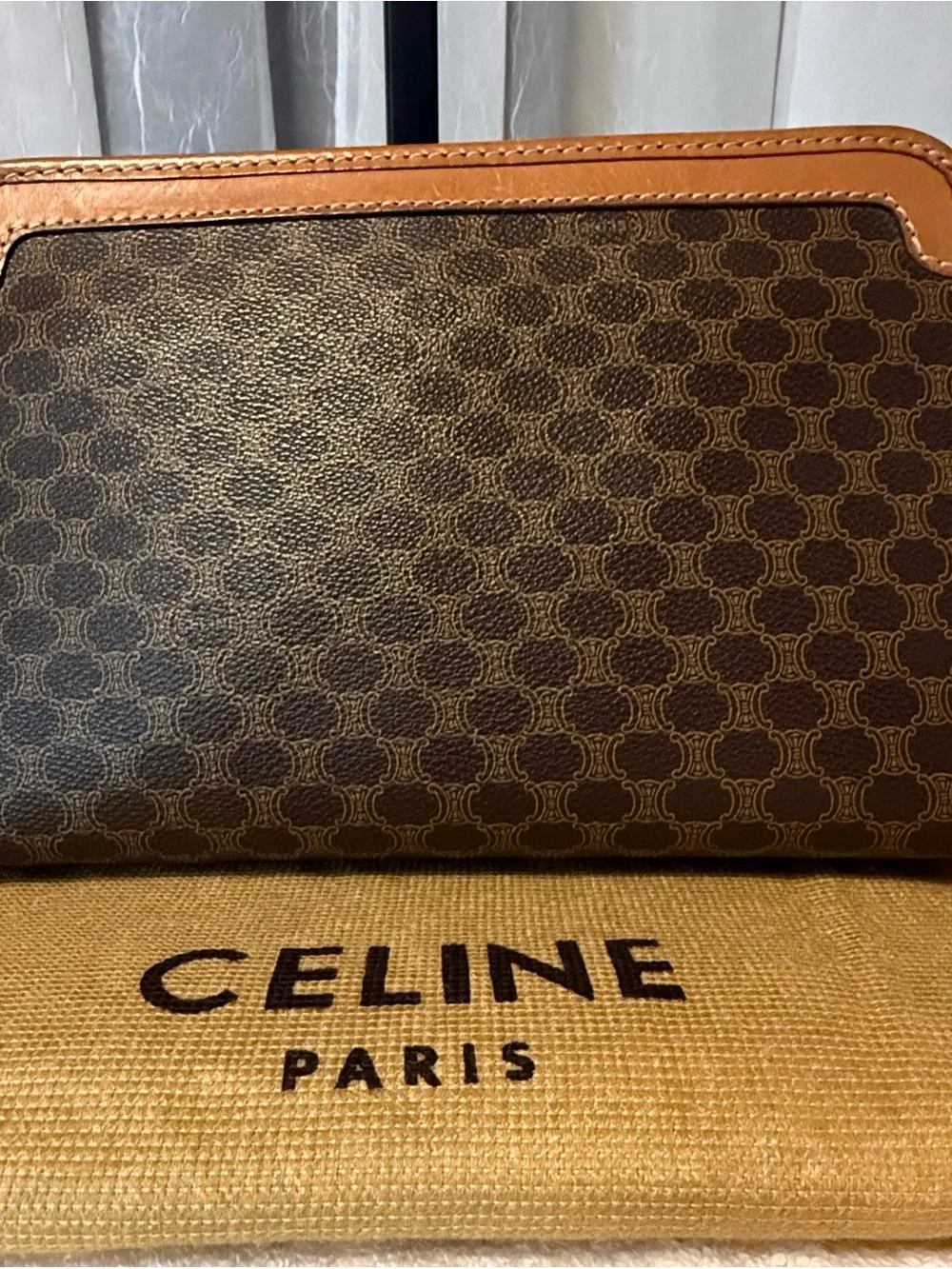 Vintage Celine Macadam Triomphe Monogram Clutch/Toiletry Pouch with Tan Trim